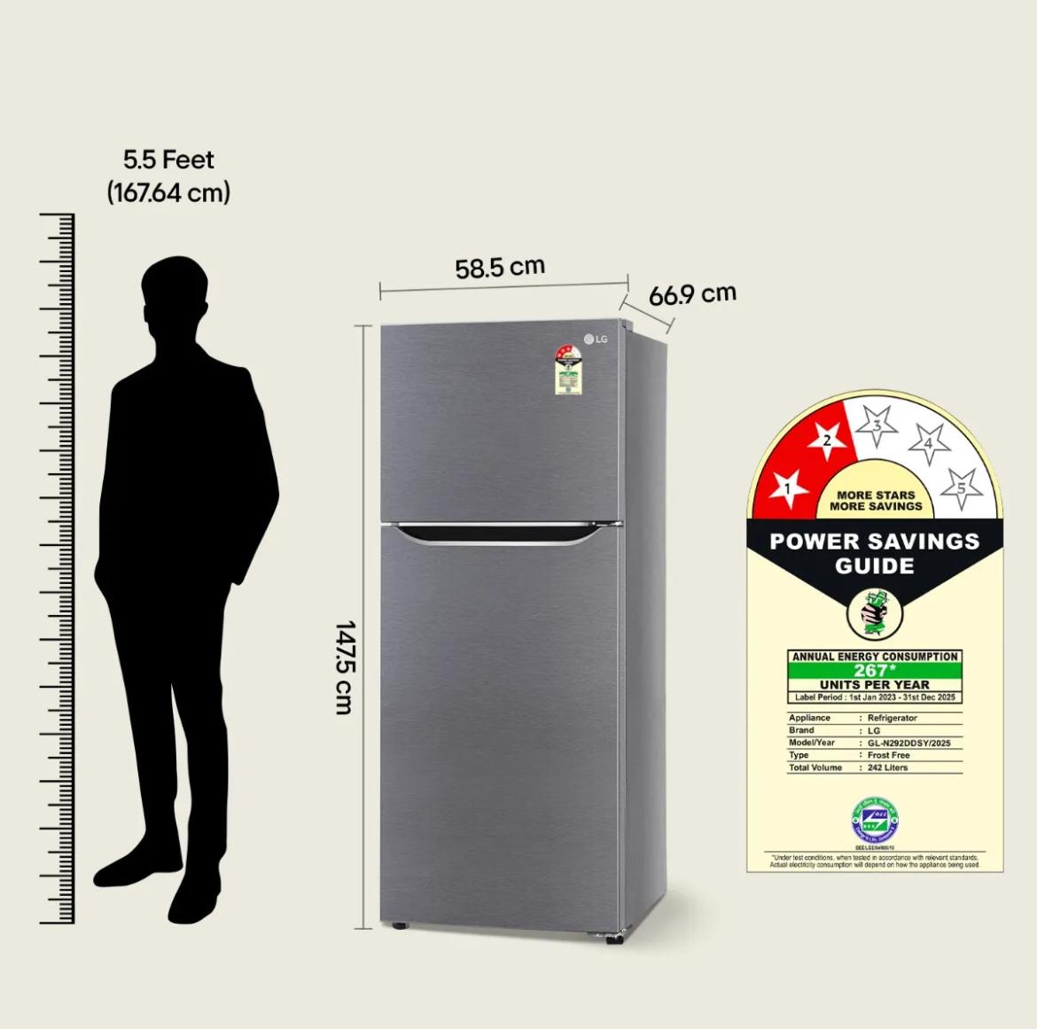 LG 242 L 2 Star Frost-Free Smart Inverter Double-Door Refrigerator (Model GL-N292BDSY)