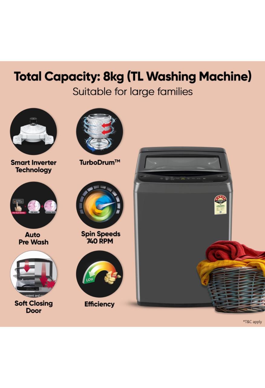 LG 8 KG Fully Automatic Top Load Washing Machine T80VBMB1Z — a smart, energy-efficient fully automatic top-load washer from LG