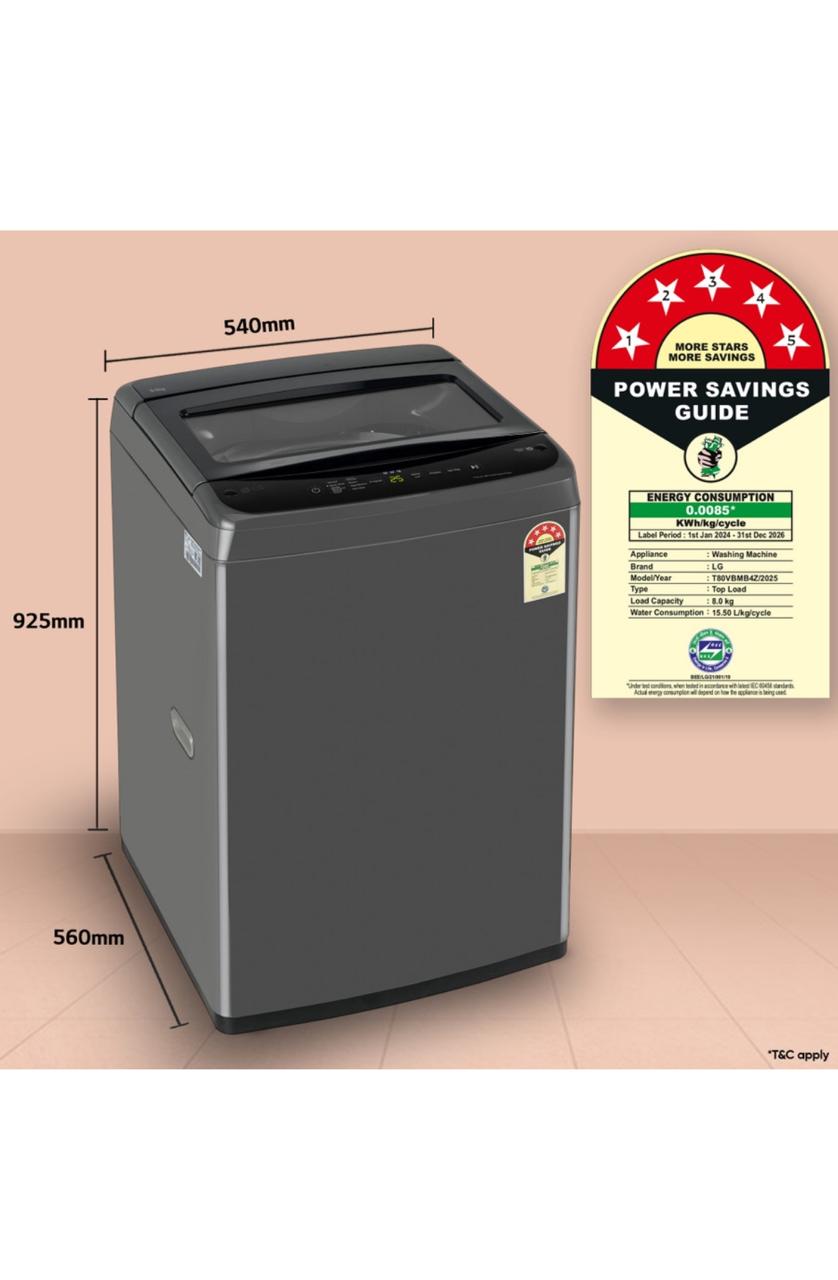 LG 8 KG Fully Automatic Top Load Washing Machine T80VBMB1Z — a smart, energy-efficient fully automatic top-load washer from LG