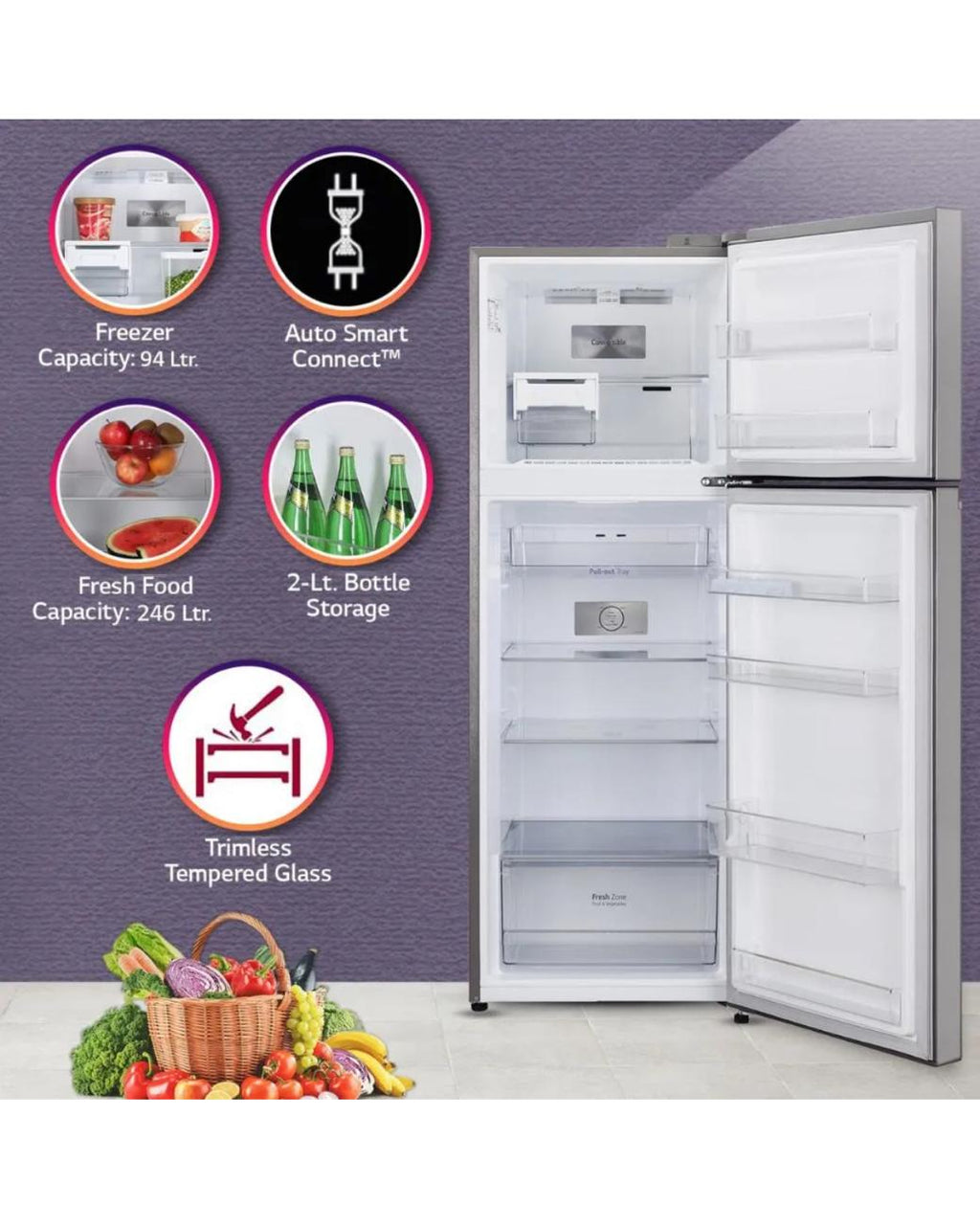 LG 322 L 2 Star Frost‑Free Double Door Refrigerator, Shiny Steel GL‑S342SPZY
