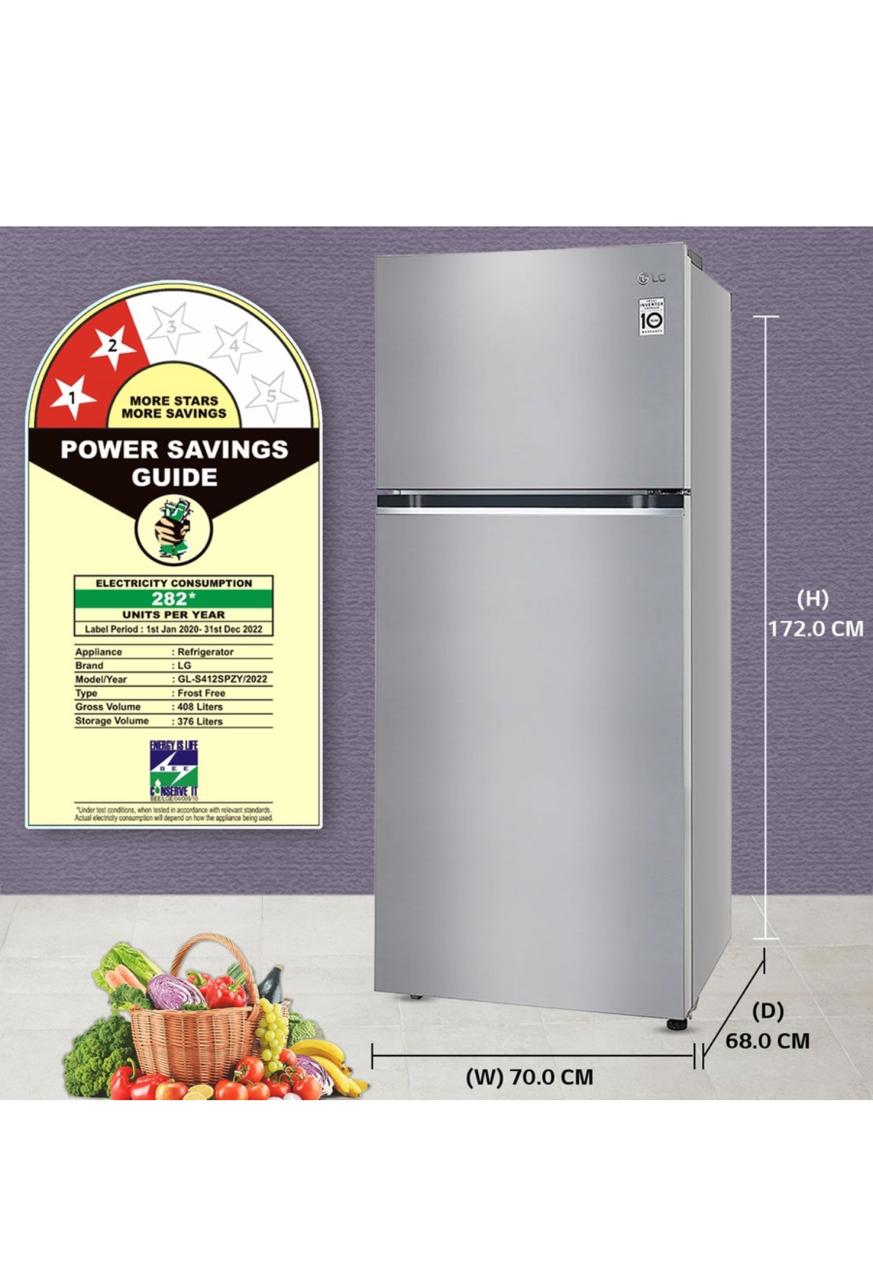 LG 380 L 2 Star Frost‑Free Smart Inverter Double Door Refrigerator (GL‑S412SPZY)