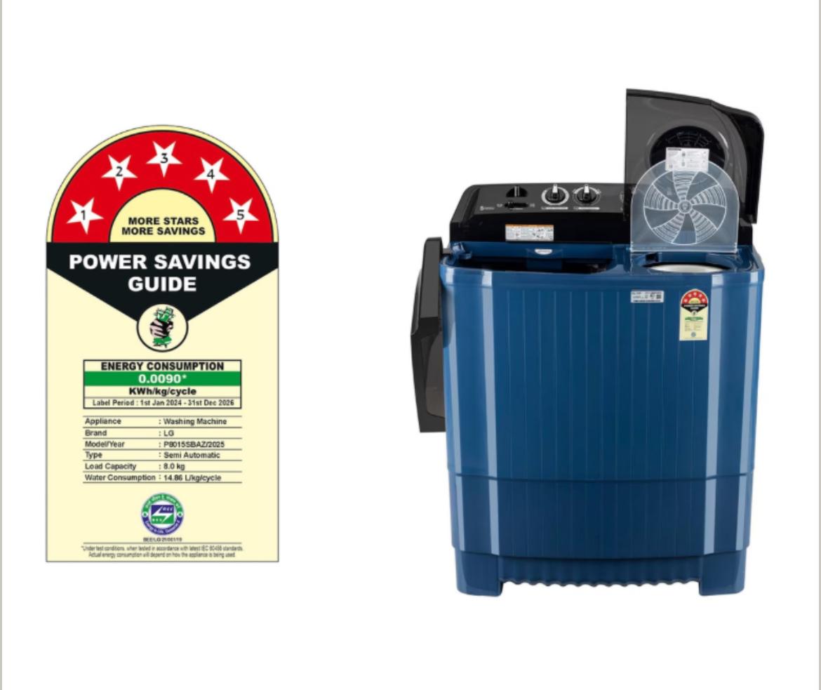 LG P8015SBAZ — an 8 kg Semi-Automatic Top Load Washing Machine from LG